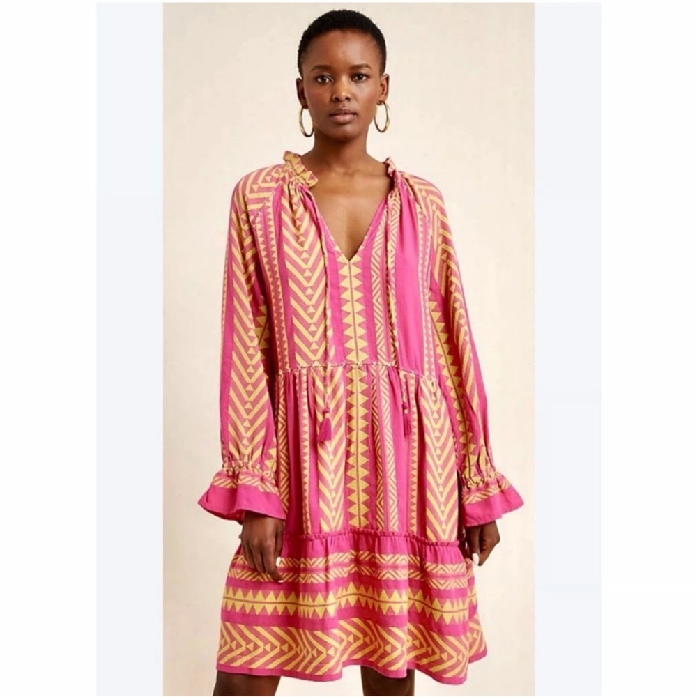Anthropologie Maeve Dominique midi Dress Tasseled Ruffle Pink Small Boho